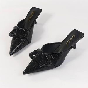 Black croc patent chain link kitten heel mules